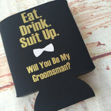 Groomsmen Proposal Gift - Groomsman Can Coolers  - Bachelor Party Favors - Bachelor Party Gifts - Groomsman Gifts - Suit Up