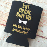 Groomsmen Proposal Gift - Groomsman Can Coolers  - Bachelor Party Favors - Bachelor Party Gifts - Groomsman Gifts - Suit Up