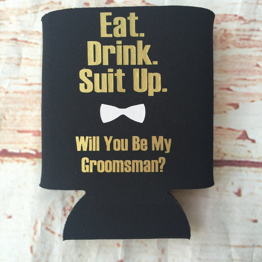 Groomsmen Proposal Gift - Groomsman Can Coolers  - Bachelor Party Favors - Bachelor Party Gifts - Groomsman Gifts - Suit Up