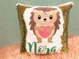 Personalized Hedgehog Heart Sequin Pillow - Gift for Girl