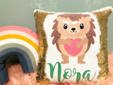 Personalized Hedgehog Heart Sequin Pillow - Gift for Girl