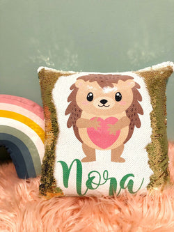 Personalized Hedgehog Heart Sequin Pillow - Gift for Girl