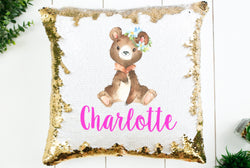 Personalized Bear Sequin Pillow - Custom Name Teddy Bear Pillow
