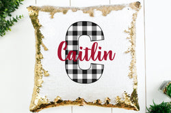 Personalized Custom Buffalo Plaid Sequin Flip Pillow - Gift for Girls