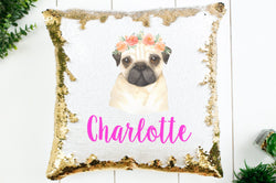 Personalized Pug with Flowers Sequin Pillow - Gift for Girl