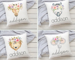 Personalized Boho Jungle Pillow - Custom Name Nursery Pillow - Elephant / Lion / Zebra / Giraffe