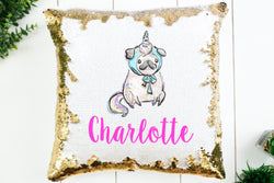 Personalized Pug Unicorn Sequin Pillow - Sequin Unicorn Mermaid Pillow - Gift for Girl - Sequin Pillow - Unicorn Pillow - Pug Gift