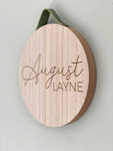 Wooden Baby Name Sign - Baby Name Announcement Sign - Personalized Wood Disc Sign - Personalized Nursery Decor - Engraved Circle Wood Sign