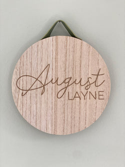 Wooden Baby Name Sign - Baby Name Announcement Sign - Personalized Wood Disc Sign - Personalized Nursery Decor - Engraved Circle Wood Sign